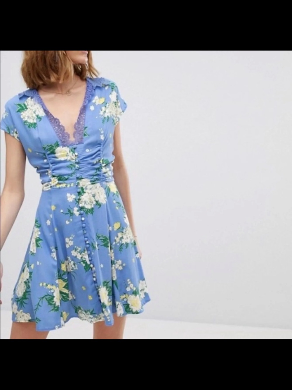 Free People Alora Floral Lace-Trim Blue Fit & Flare Mini Dress